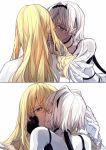  1boy 1girl black_gloves blonde_hair blue_eyes caenis_(fate) dark_skin fate/grand_order fate_(series) fingerless_gloves gloves hand_on_another&#039;s_cheek hand_on_another&#039;s_face hetero kirschtaria_wodime kiss long_hair multiple_views purple_eyes short_hair simple_background tsengyun white_background white_feathers white_gloves white_hair 