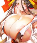  1girl absurdres bangs bare_shoulders bead_necklace beads betsuru_hiyu black_hair breast_hold breasts cleavage closed_mouth facial_mark fate/grand_order fate_(series) forehead headpiece highres himiko_(fate) huge_breasts japanese_clothes jewelry kimono long_hair long_sleeves looking_at_viewer magatama magatama_necklace necklace no_bra off_shoulder parted_bangs sideboob smile white_kimono wide_sleeves 