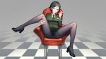  1girl black_hair black_legwear blush breasts chair chouno_ami closed_mouth full_body girls_und_panzer green_eyes green_neckwear green_skirt high_heels highres konishi_(565112307) large_breasts looking_at_viewer military military_uniform miniskirt necktie no_panties on_chair pantyhose pussy see-through shiny shiny_hair short_hair sitting skirt smile solo spread_legs uniform v 
