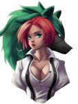  1girl absurdres blue_eyes breasts cleavage collared_shirt commentary dark_skin english_commentary f2wvae giovanna_(guilty_gear) green_fur guilty_gear guilty_gear_strive highres large_breasts lips nose partially_unbuttoned popped_collar portrait red_hair rei_(guilty_gear) shirt short_hair snout solo_focus suspenders upper_body white_background white_shirt wolf 