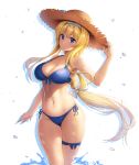  1girl acso alice_zuberg alternate_costume bangs bare_arms bare_shoulders bikini blonde_hair blue_bikini blue_eyes blush breasts cleavage closed_mouth collarbone commentary_request cowboy_shot front-tie_bikini front-tie_top groin hair_between_eyes hair_ornament hairband hand_on_headwear hat highres large_breasts legs_together long_hair looking_at_viewer navel ribbon side-tie_bikini smile solo standing stomach straw_hat sun_hat swimsuit sword_art_online sword_art_online:_alicization thigh_strap water water_drop white_background 
