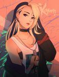  1girl akali artist_name bandeau black_choker black_hair blonde_hair breasts choker cleavage dog_tags earrings highres jewelry k/da_(league_of_legends) koyorin league_of_legends lips long_hair looking_at_viewer medium_breasts multicolored_hair purple_eyes solo tank_top the_baddest_akali two-tone_hair upper_body 