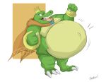  2019 absurd_res anthro belly big_belly canson cape claws clothing crocodilian crown donkey_kong_(series) fangs fist green_body hi_res jewelry king_k._rool kremling male navel nintendo outie_navel overweight overweight_anthro overweight_male plantigrade reptile scalie sharp_teeth simple_background solo teeth video_games yellow_body 