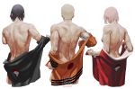  back bandaged_arm bandages behindxa black_hair bracelet breasts haruno_sakura highres jewelry muscle muscular_female naruto naruto_(series) pink_hair short_hair signature simple_background twitter_username uchiha_symbol undressing uzumaki_naruto white_background 