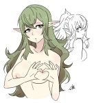  1girl bangs bare_shoulders blush breasts fire_emblem fire_emblem_awakening green_eyes green_hair kokomi_(aniesuakkaman) large_breasts long_hair looking_at_viewer manakete nipples older pointy_ears simple_background solo tiki_(fire_emblem) 