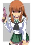  1girl bangs black_legwear black_neckwear blouse blunt_bangs brown_eyes combat_knife cowboy_shot dual_wielding empty_eyes evil_grin evil_smile eyebrows_visible_through_hair girls_und_panzer green_skirt grey_background grin gun handgun highres holding holding_gun holding_knife holding_weapon knife kuku123 leaning_forward long_hair long_sleeves miniskirt neckerchief ooarai_school_uniform orange_hair outside_border pleated_skirt sailor_collar school_uniform serafuku sharp_teeth skirt smile solo standing takebe_saori teeth thighhighs v-shaped_eyebrows weapon white_blouse white_sailor_collar 