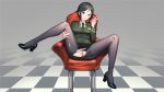  1girl black_hair black_legwear blush breasts chair chouno_ami closed_mouth full_body girls_und_panzer green_eyes green_neckwear green_skirt high_heels highres konishi_(565112307) large_breasts looking_at_viewer military military_uniform miniskirt necktie no_panties on_chair pantyhose pussy see-through shiny shiny_hair short_hair sitting skirt smile solo spread_legs torn_clothes torn_legwear uniform v 