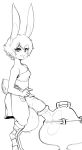  balls big_balls blush cirrus_(modeseven) clothing erection footwear genitals greyscale huge_balls humanoid lagomorph leporid looking_at_viewer male mammal modeseven monochrome rabbit sandals smile solo toga 