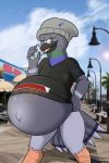  anthro avian beanie beanie_hat belly beverage bird bottomless clothed clothing clothing_lift columbid dingots drinking eyes_closed feathers grey_body grey_feathers hands_on_back hat headgear headwear hi_res male male_pregnancy navel pigeon pregnant shirt shirt_lift solo topwear wings 