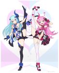  2girls absurdres armpits arms_up black_footwear black_gloves black_legwear black_panties black_shirt black_shorts blue_eyes blue_hair breasts character_request fang flying_sweatdrops full_body gloves hair_ornament heart high_heels highres honkai_(series) honkai_impact_3rd legs long_hair multiple_girls navel open_mouth panties pink_hair pjman shirt shoes short_shorts shorts sleeveless sleeveless_shirt small_breasts smile split standing standing_on_one_leg standing_split tail thighhighs thighs underwear v white_gloves white_legwear white_shirt 