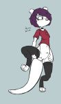  anthro bottomless bottomless_female butt_fang camel_toe clothed clothing female footwear hair hi_res legwear mammal mustelid purple_hair raised_leg shirt slugcat_(rain_world) slugcat_(rainworld) socks solo thick_thighs thigh_highs topwear tsuraipossum 