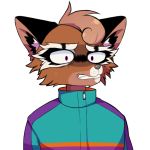  1:1 alpha_channel anonymous_artist anthro brown_body brown_fur brown_hair clothed clothing fur grimace hair male mammal procyonid purple_eyes raccoon simple_background solo topwear transparent_background 