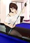  1girl bangs billiards black_bra black_choker black_shorts blue_eyes bra bra_through_clothes breasts brown_hair choker collarbone crop_top earrings gloves hair_behind_ear hair_between_eyes high_ponytail highres indoors jewelry korean_commentary large_breasts midriff navel off_shoulder original pantyhose partly_fingerless_gloves pool_table see-through shirt shorts sitting sitting_on_table stick swept_bangs thighs underwear white_shirt zcune 