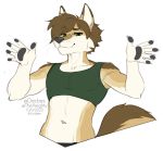  2020 anthro canid canine canis coyote digital_media_(artwork) fur kittydee male mammal midriff navel simple_background smile solid_color_background solo tan_body tan_fur white_background 