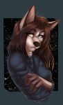  anthro ariveil blue_eyes breasts brown_body brown_fur brown_hair canid canine clothed clothing female fur hair heterochromia hi_res mammal open_mouth simple_background solo teeth yellow_eyes 