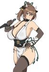  1girl animal_ears arm_guards bangs breasts brown_hair cleavage collar collarbone cow_ears cow_girl cow_horns elbow_gloves gloves green_eyes hair_ribbon highres holding holding_weapon horns houtengeki kunai large_breasts ninja obi original panties ponytail revealing_clothes ribbon sash side-tie_panties sidelocks simple_background solo thighhighs thighs underwear weapon white_background 