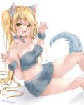  1girl :d animal_ears bare_shoulders blonde_hair breasts choker claw_pose cleavage collarbone crop_top fang fujimori_shiki fur long_hair looking_at_viewer medium_breasts midriff miniskirt navel open_mouth original simple_background sitting skirt smile solo strapless tail thighs tubetop twintails v-shaped_eyebrows very_long_hair white_background wolf_ears wolf_girl wolf_tail yellow_eyes 