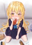  1girl absurdres alternate_costume between_legs black_dress blonde_hair blush bow braid commentary_request dress eyebrows_visible_through_hair fang food food_request from_above furrowed_eyebrows hair_bow hand_between_legs hand_to_own_mouth highres holding holding_food kirisame_marisa long_hair looking_at_viewer nervous noritamaru nose_blush pleated_skirt school_uniform serafuku single_braid sitting skirt solo touhou uniform very_long_hair wariza wavy_mouth white_bow yellow_eyes 
