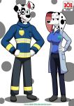  101_dalmatian_street 101_dalmatians 2020 abstract_background absurd_res anthro big_breasts black_eyes breasts canid canine canis clothed clothing delilah_(101_dalmatians) disney domestic_dog doug_(101_dalmatians) duo female firefighter_uniform fully_clothed hi_res huge_breasts looking_at_viewer male mammal nurse nurse_uniform playzone smile standing uniform 