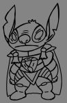  2020 alien armor artbro black_and_grey boots cape clothed clothing digital_drawing_(artwork) digital_media_(artwork) disney experiment_(lilo_and_stitch) footwear fully_clothed gloves grey_background handwear head_tuft lilo_and_stitch line_art male monochrome notched_ear simple_background sketch solo standing stitch_(lilo_and_stitch) tuft 