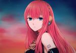  1girl armband bare_shoulders black_shirt blue_eyes commentary dusk expressionless from_side gold_trim headphones highres long_hair looking_at_viewer megurine_luka moa0291 outdoors parted_lips pink_hair portrait shirt shoulder_tattoo solo star_(sky) sunset tattoo vocaloid 
