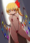  1girl arms_behind_back ass_visible_through_thighs bangs blonde_hair blush bow breasts breath choker coat collarbone crystal dutch_angle eyebrows_visible_through_hair feet_out_of_frame flandre_scarlet furrowed_eyebrows groin hair_between_eyes hair_bow highres kagayama_hajime long_hair looking_at_viewer medium_breasts navel open_clothes open_coat open_mouth red_eyes red_swimsuit side_ponytail slingshot_swimsuit solo standing stomach sweat swimsuit tareme touhou trench_coat undressing wings 