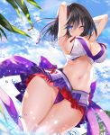  1girl armpits arms_up back_bow bikini bikini_skirt black_hair bow breasts cloud coconut_tree day foot_out_of_frame hair_ribbon kumatora_tatsumi large_bow large_breasts midriff navel one_eye_closed original outdoors palm_tree purple_bikini purple_bow ribbon short_hair sky smile solo swimsuit thighs tree wading 