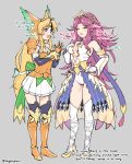  2girls angela_(seiken_densetsu_3) armor armored_boots armored_dress back_bow bangs blonde_hair blush boots bow breasts cleavage detached_sleeves elbow_gloves english_text garter_straps gauntlets ge-b gloves green_eyes hair_intakes high_heels leotard long_hair low-tied_long_hair multiple_girls over-kneehighs parted_bangs pauldrons pleated_skirt purple_eyes purple_hair revealing_clothes riesz seiken_densetsu seiken_densetsu_3 shin_strap shoulder_armor showgirl_skirt sidelocks skirt thighhighs tiara very_long_hair white_legwear white_leotard winged_hair_ornament 