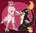  absurd_res avian bird breasts chest_tuft domination erection hi_res ikakins intersex kronas lillybirdthing non-mammal_breasts nude pole rope sergal simple_background tired tuft 