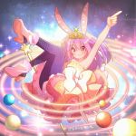  1girl :o animal_ears arm_up artist_name blush bow bunny_ears fishnet_legwear fishnets idol kawanobe original pink_footwear pink_hair pointing red_eyes sitting solar_system tiara 