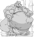  2019 4_toes 5_fingers absurd_res after_vore anthro belly big_belly big_bulge big_muscles bulge canid canine clothing fierglief fingers grin hand_on_stomach hi_res huge_bulge huge_muscles hyper hyper_belly hyper_bulge male mammal monochrome musclegut muscular nipples smile standing toes underwear veiny_muscles vore 