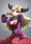  1girl black_horns blonde_hair bon_(bonbon315) breasts cleavage dress gloves grey_background highres horns lilith_(p&amp;d) long_hair long_sleeves medium_breasts pointy_ears puzzle_&amp;_dragons red_dress red_eyes red_gloves sitting solo 