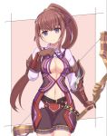  1girl bow breasts brigandine brown_hair character_request cleavage closed_mouth long_hair looking_at_viewer navel shira_yu_ki shorts solo 