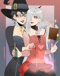  2girls alternate_costume amulet bayonetta bayonetta_(character) bayonetta_2 black_hair book bottle breasts cauldron choker cleavage collarbone dangerousbride dress earrings eyeshadow flat_chest glasses hair_over_one_eye hat heart highres jeanne_(bayonetta) jewelry large_breasts lipstick long_hair makeup mole mole_under_mouth multiple_girls parted_lips potion short_hair silver_hair smile sparkle vial witch witch_hat 