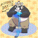  1:1 anthro bathing bathroom canid canine eyebrows hi_res ink inktober k_gutless live-a-hero male mammal nude paint raccoon_dog shoen slightly_chubby solo tanuki thick_eyebrows thick_thighs 