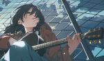  1girl acoustic_guitar black_hair blue_eyes cloud denim ear_piercing fence guitar highres holding holding_instrument instrument jacket jeans long_hair long_sleeves looking_to_the_side music open_mouth original pants piercing playing_instrument red_jacket shiomi_(lowrise) sitting sky solo 