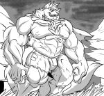  2019 5_fingers anthro big_muscles bottomwear bulge canid canine chest_tuft clothing fierglief fingers hi_res huge_muscles looking_at_viewer male mammal monochrome muscular muscular_anthro muscular_male neck_tuft night open_mouth pants solo standing torn_clothing tree tuft veiny_muscles were werecanid werecanine werewolf 