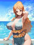  1girl arm_support bangs blue_dress blue_sky breasts brown_eyes cleavage closed_mouth cloud dress high_ponytail japanese_clothes kimono large_breasts letdie1414 nami_(one_piece) obi ocean one_piece orange_hair outdoors pelvic_curtain railing revealing_clothes sash sky sleeveless sleeveless_kimono smile thighs water 