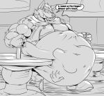  2019 absurd_res anthro belly big_belly big_muscles canid canine clothing coat dialogue english_text fierglief footwear furniture hi_res holding_object huge_muscles hyper hyper_belly imprint inside looking_at_viewer male mammal monochrome musclegut muscular muscular_anthro muscular_male nipples scarf sharp_teeth shoes solo speech_bubble standing table teeth text topwear vore 