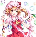  1girl ;d ascot blonde_hair blush bow commentary_request crystal danmaku eyebrows_visible_through_hair fang finger_gun flandre_scarlet frilled_cuffs frilled_shirt_collar frills hat hat_bow magic mob_cap no_pupils one_eye_closed one_side_up open_mouth outstretched_arm petticoat pink_shirt puffy_short_sleeves puffy_sleeves red_bow red_eyes red_skirt red_vest shirt short_hair short_sleeves simple_background skirt smile solo subaru_(subachoco) touhou upper_body v-shaped_eyebrows vest white_background wings yellow_neckwear 
