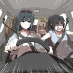  4girls :| black_hair blue_hair brown_hair car_interior closed_mouth commentary driving eyewear_on_head hair_ribbon hibike!_euphonium hidden_face kasaki_nozomi motion_lines multiple_girls nakagawa_natsuki open_mouth ponytail ree_(re-19) ribbon scared seatbelt steering_wheel sunglasses tears thick_eyebrows wavy_mouth yoroizuka_mizore yoshikawa_yuuko 