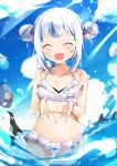  1girl bikini bloop_(gawr_gura) blue_hair closed_eyes gawr_gura hair_ornament hololive hololive_english looking_at_viewer multicolored_hair navel nekopote open_mouth shark_girl shark_hair_ornament sharp_teeth smile solo splashing streaked_hair swimsuit teeth virtual_youtuber 