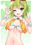  1girl ;d aatsu bare_shoulders blush bra breasts collared_jacket crop_top fang goggles goggles_on_head green_eyes green_hair gumi hands_up happy jacket medium_breasts medium_hair midriff navel one_eye_closed open_mouth orange_jacket smile solo starry_background underboob underwear upper_body vocaloid w w_over_eye wrist_cuffs 