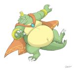  2019 absurd_res anthro belly big_belly canson cape claws clothing crocodilian crown donkey_kong_(series) fangs green_body hi_res jewelry king_k._rool kremling male navel nintendo on_one_leg outie_navel overweight overweight_anthro overweight_male plantigrade raised_leg reptile scalie sharp_teeth simple_background solo standing teeth video_games white_background yellow_body 