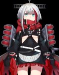  1girl admiral_graf_spee_(azur_lane) ass_visible_through_thighs azur_lane bangs belt black_background blue_eyes breasts cowboy_shot expressionless eyebrows_visible_through_hair fuki_to_takenoko iron_cross looking_at_viewer multicolored_hair red_scarf scarf short_hair_with_long_locks silver_hair simple_background small_breasts solo streaked_hair underboob white_belt 