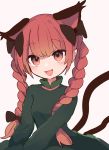  1girl :d ameshi_(rzuw4482) animal_ears bangs black_bow blush bow braid breasts cat_ears cat_tail commentary dress extra_ears eyebrows_visible_through_hair gradient_hair green_dress hair_bow highres kaenbyou_rin long_hair long_sleeves looking_at_viewer multicolored_hair multiple_tails nekomata open_mouth pointy_ears red_eyes red_hair sidelocks simple_background small_breasts smile solo tail touhou twin_braids two_tails upper_body white_background 