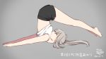 1girl black_shorts commentary dated from_side full_body grey_background grey_hair gymnastics highres kizuna_akari long_hair ponytail shorts signature skskjogio2444 solo tank_top upside-down voiceroid white_tank_top 