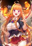  1girl ahoge bangs blonde_hair bow breasts cleavage dragon_girl dragon_horns dragon_tail dragon_wings eyebrows_visible_through_hair fang fire hairband hands_up highres hololive horn_bow horns kiryuu_coco large_breasts long_hair looking_at_viewer mr.lime multicolored_hair open_mouth orange_hair pointy_ears purple_eyes red_eyes smile solo tail virtual_youtuber wings 