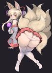  1girl ahoge animal_ears ass bangs bare_shoulders blonde_hair breasts butt_crack closed_mouth covered_nipples detached_sleeves fox_ears fox_girl fox_tail from_behind full_body hair_between_eyes highres huge_ahoge izuna_(shinrabanshou) johan_(johan13) large_breasts long_hair long_sleeves looking_at_viewer looking_back miniskirt multiple_tails panties pink_eyes pink_skirt pleated_skirt purple_background ribbon-trimmed_legwear ribbon_trim shinrabanshou sideboob skirt smile solo tail thick_eyebrows thighhighs thighs underwear white_legwear white_panties 