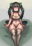  1girl :&gt; alternate_costume alternate_hairstyle asui_tsuyu badge bed_sheet black_eyes blush_stickers boku_no_hero_academia braid breasts brown_legwear brown_panties brown_sports_bra button_badge cleavage eyebrows_visible_through_hair feet_out_of_frame green_hair green_scrunchie hair_between_eyes hair_ornament hair_scrunchie highres kelvin_hiu large_breasts legs_together licking_lips long_braid long_hair navel on_bed panties scrunchie side-tie_panties sitting solo sports_bra stomach thick_thighs thighhighs thighs tongue tongue_out twin_braids underwear underwear_only very_long_hair wide_hips 